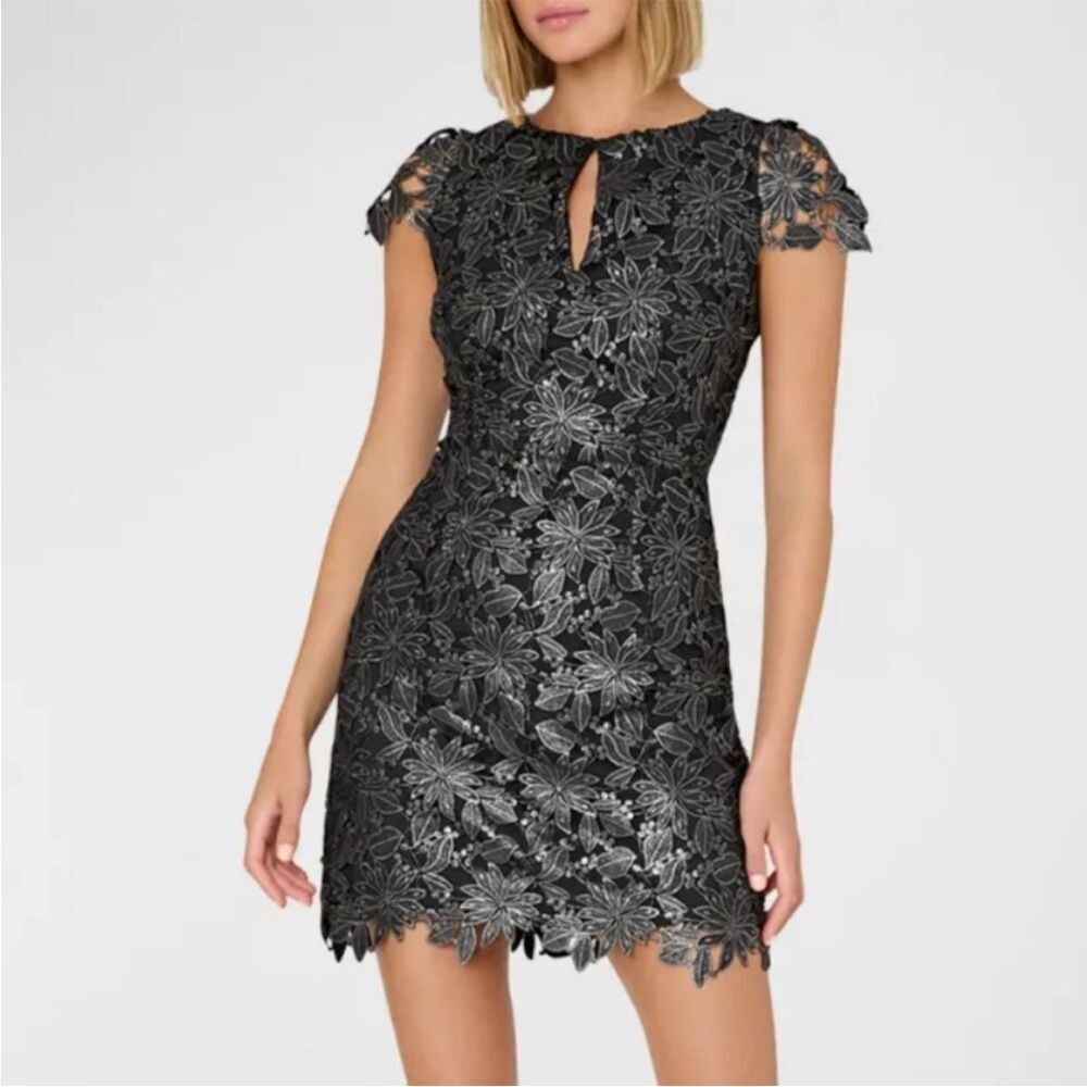 Molly Shayna Foiled Lace Mini‎ Dress Black Silver size 0 NWT